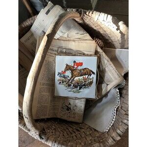 French Countryside Vintage Ceramic Trivet:Equestrian Scene Horses Dogs Running